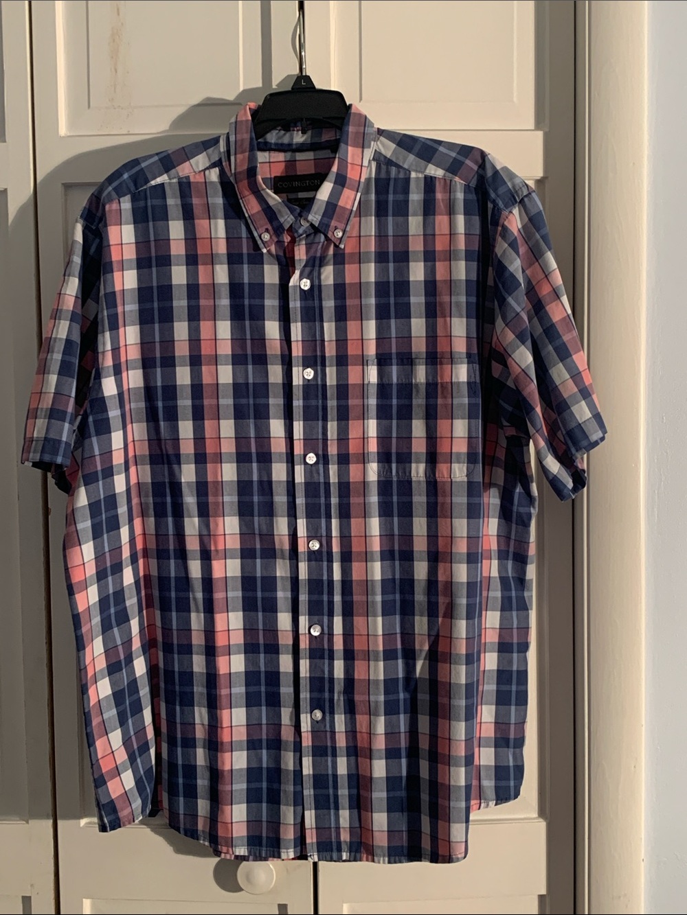 Covington Short-Sleeve Plaid Button-Down Shirt - Navy & Pink EUC